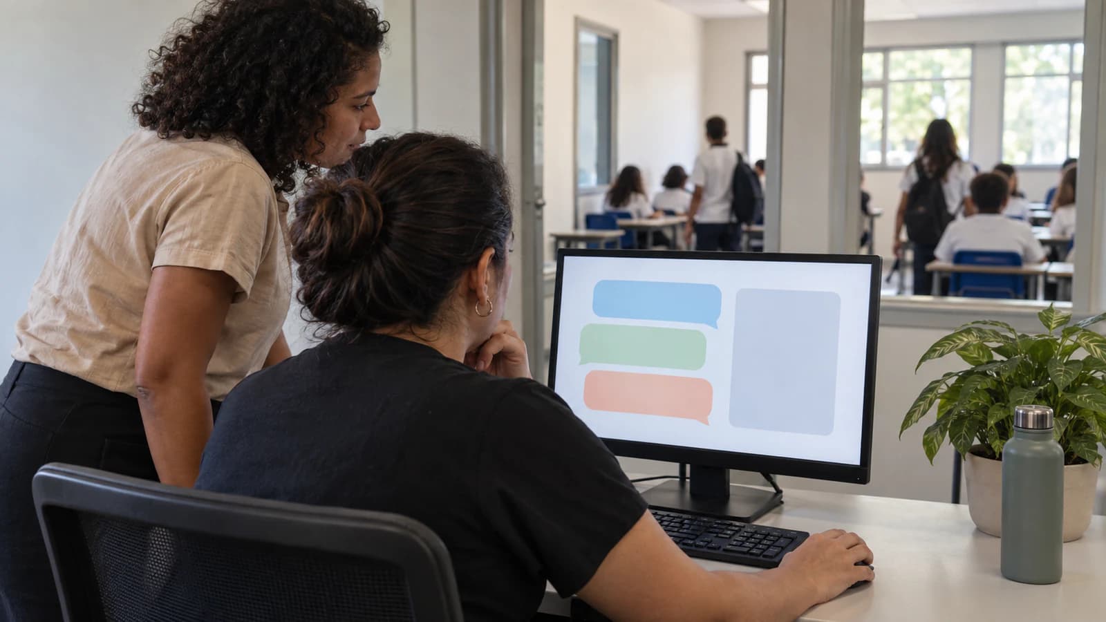 Equipe escolar supervisionando um agente de IA e o transbordo para atendimento humano