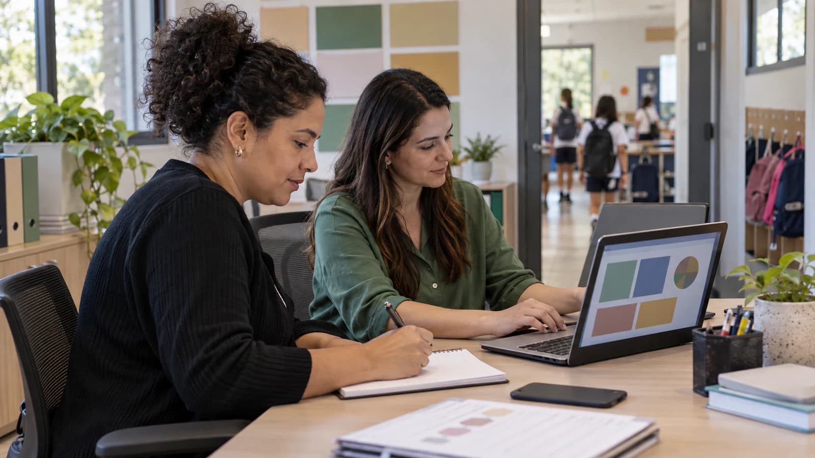 Equipe de captação escolar coordenando CRM, agenda e atendimento digital em uma escola