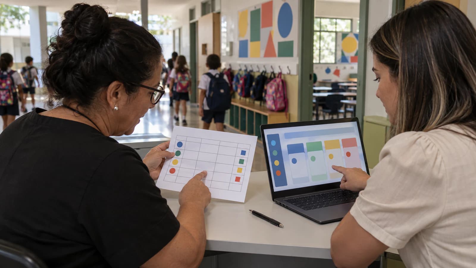 Equipe de captação escolar comparando uma planilha a um CRM educacional em uma escola