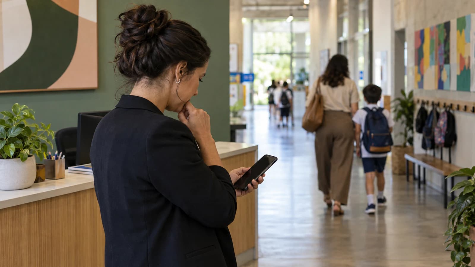 Consultora de matrículas realizando follow-up após atendimento a uma família na escola