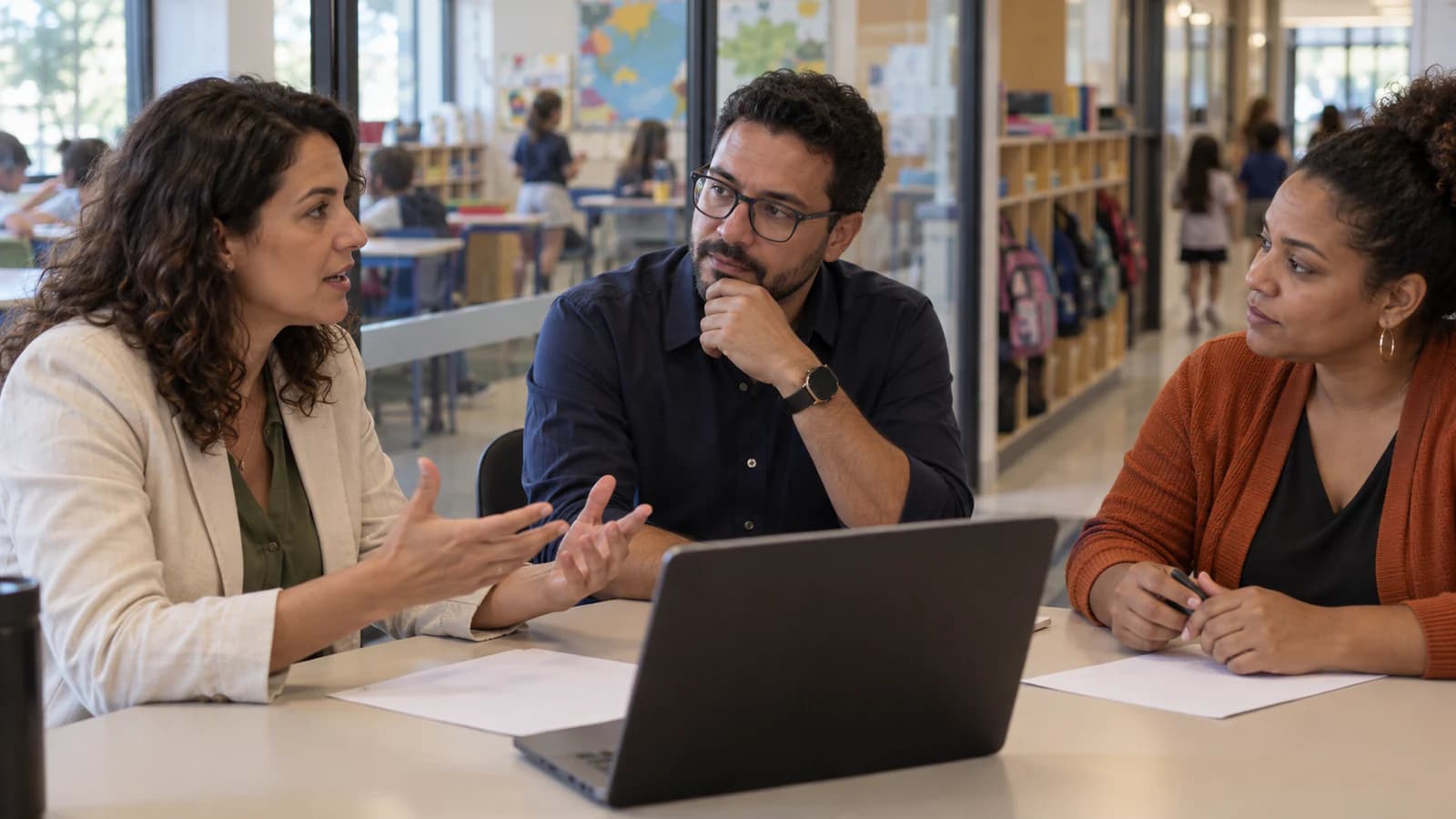 Liderança escolar discutindo governança de inteligência artificial e dados