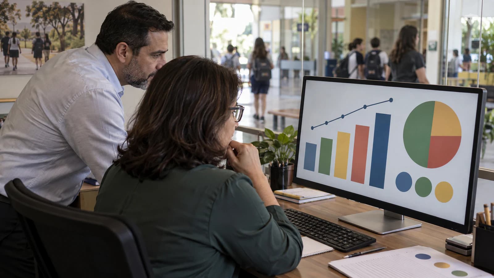 Gestão escolar analisando indicadores de captação e matrículas em um painel