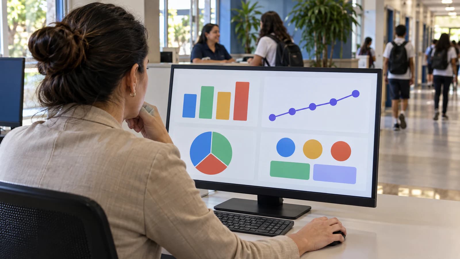Gestor educacional analisando métricas de CRM e conversão de matrículas