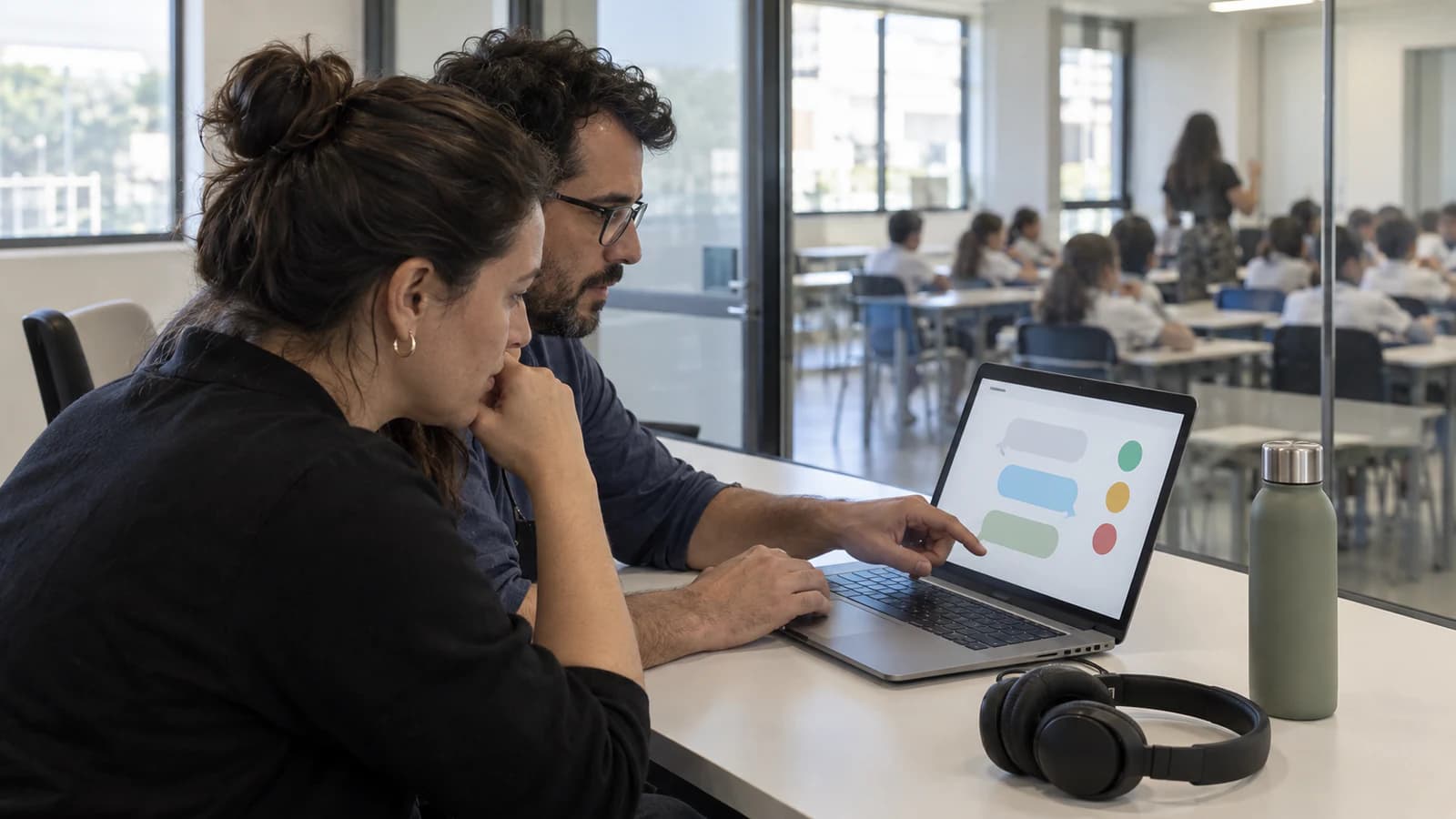 Equipe de atendimento e tecnologia testando cenários de um agente de IA para educação