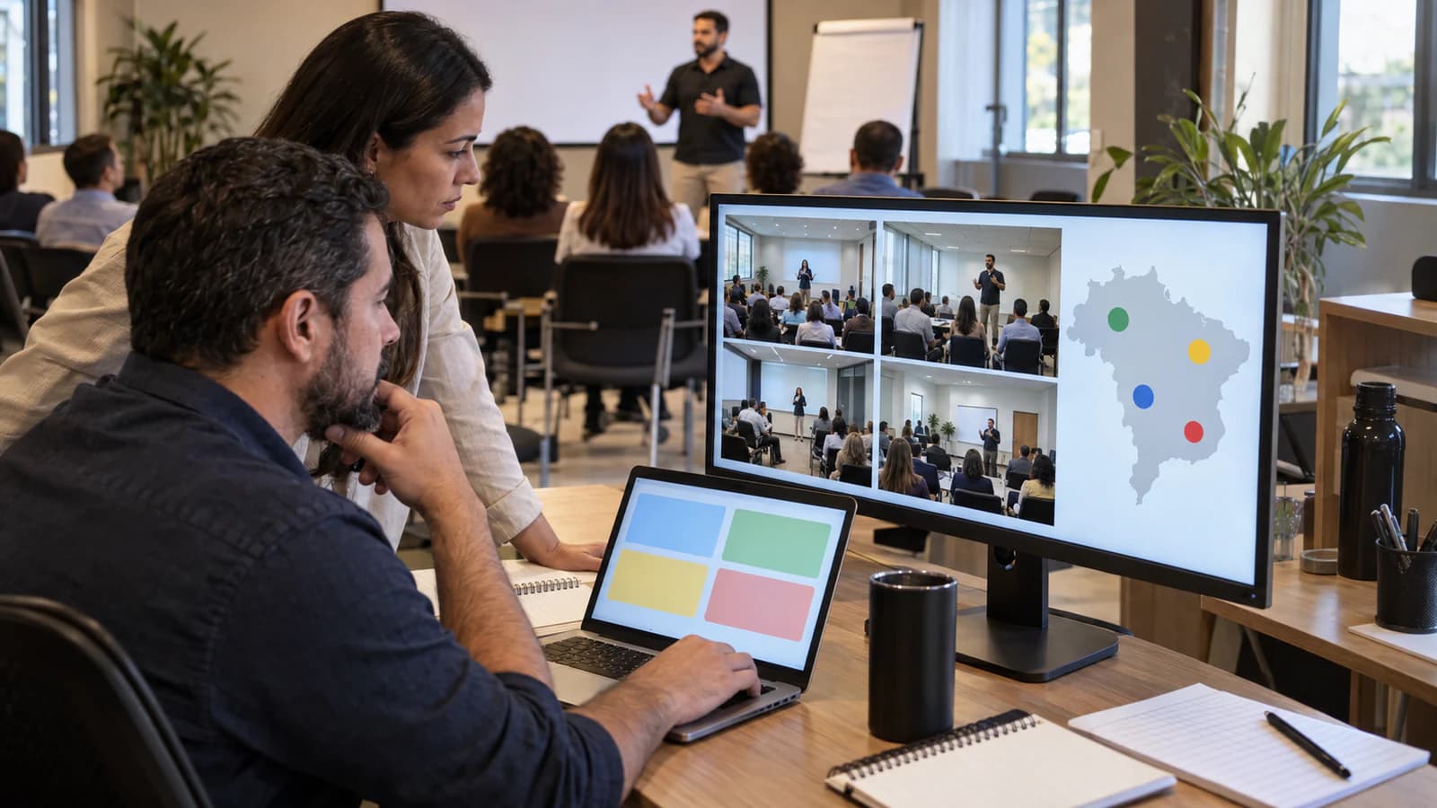 Equipe de curso de oratória acompanhando atendimento e CRM em uma operação multiunidade